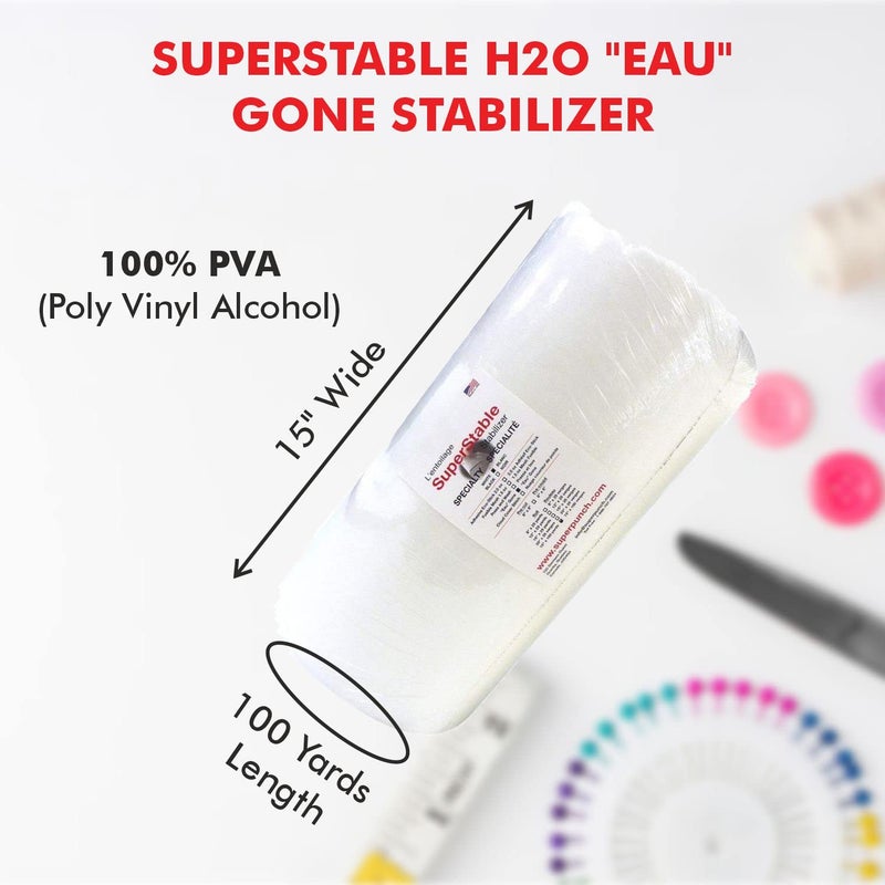Superpunch Wash Away Stabilizer, SuperStable H2O "Eau" Gone White FSL 15 inch x 100 Yard Roll - Machine Embroidery Stabilizer Backing, Wash n Gone Wash Away for Free Standing Lace, Made in USA - Image 2